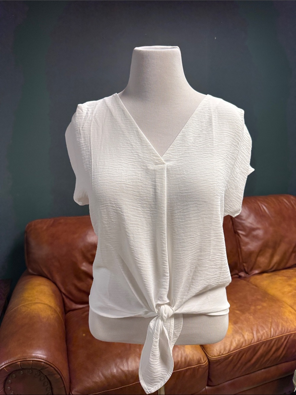 Tie-Front V-Neck Blouse in White